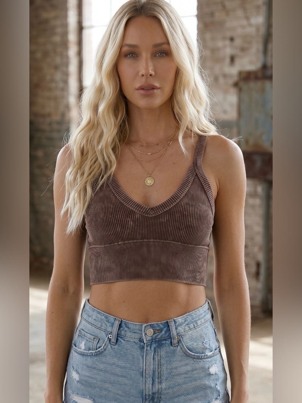 NWT Washed Ash Brown Ribbed V Neck Brami Crop Top Bralette Bra